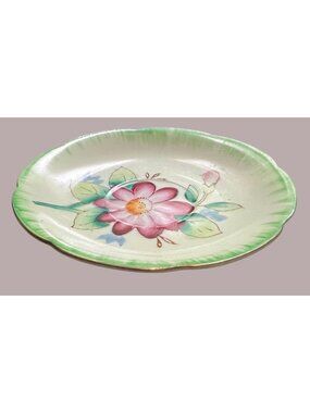 Hand-Painted Floral Ceramic Plate With Scalloped Rim Green & Pink Design 5.5” Di